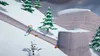 A cartoon character skiing down a snowy slope with trees and a snowman. Produktbild-Vorschau