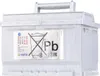 A white car battery with a label on the front. Produktbild-Vorschau