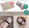 Comparison of a traditional sun lounger cover with a new, lighter, and more compact one, showing its folded state and placement in a bag. Produktbild-Vorschau