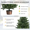 A close-up of a small artificial Christmas tree with a decorative pot, accompanied by text and icons highlighting its features. Náhľad obrázku produktu