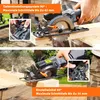 Two images showing a hand-held circular saw being used to cut wood at different angles. Produktbild-Vorschau