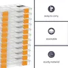 A stack of clear plastic storage boxes with orange clasps, presented alongside feature descriptions. Voir les images du produit