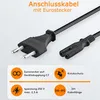 A close-up of a black power cord with two different plugs, accompanied by informational icons and text. Náhľad obrázku produktu