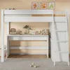 A white loft bed with a desk underneath, set up in a room with a light beige wall and a gray rug. Produktbild-Vorschau