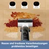 A wet and dry vacuum cleaner is shown cleaning up spills and debris on a wooden floor. Above the vacuum, there are three circular icons with text indicating different operating modes. Produktbild-Vorschau