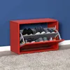 A red shoe cabinet filled with various shoes, set against a blue wall and on a grey carpet. Voir les images du produit