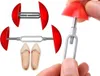 A product shot of shoe stretchers and a pair of beige shoes, with a close-up of a shoe stretcher being held. Produktbild-Vorschau