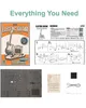 A collage of images showing an electric guitar model kit, its packaging, and assembly instructions. Produktbild-Vorschau