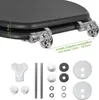 A close-up view of a toilet seat and its mounting hardware, with additional components laid out below. Produktbild-Vorschau