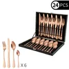 A rose gold cutlery set displayed in an open wooden box, with a separate set of cutlery shown to the left. Produktbild-Vorschau