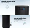 A split image showing two features of a black trash can: its portability and its pedal opening mechanism. Podgląd zdjęcia produktu