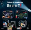 A collage of various "Die drei ???" (The Three Investigators) branded products, including a detective suitcase, a puzzle, books, and a CD/DVD set, presented against a dark, atmospheric background with a spotlight effect. Anteprima dell’immagine prodotto