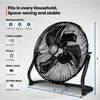 A black floor fan is shown with various specifications and measurements displayed around it. Podgląd zdjęcia produktu