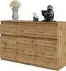 A wooden sideboard with three drawers and three doors, decorated with a vase of flowers, two candles, and a monkey statue. Produktbild-Vorschau