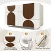 A white dresser with brown geometric accents, shown with close-up diagrams highlighting its features. Voir les images du produit
