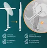 Diagram showing a foldable white table being demonstrated and its features. Produktbild-Vorschau