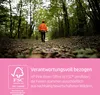 A person in an orange safety vest walks down a path in a forest. The bottom of the image has a pink background with FSC certification information. Produktbild-Vorschau