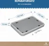 A diagram showing the dimensions of a gray plastic repair kit flap for a heat exchanger, with screws shown. Anteprima dell’immagine prodotto