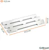 Three metal heat plates for a grill are shown with dimensions indicated. Voir les images du produit