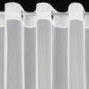 Close-up view of white sheer curtains hanging on a metal rod. Voir les images du produit