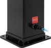 Close-up of the base of a black outdoor shower with a hose connection and a red label. Produktbild-Vorschau