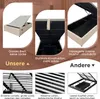 A collage of images showcasing the features of a bed frame, including its storage capacity and construction. Produktbild-Vorschau