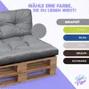A pallet cushion set in graphite color is shown, with various color options displayed next to it. Produktbild-Vorschau