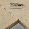 Close-up of a wooden table with rounded edges and text overlay describing the features. Produktbild-Vorschau