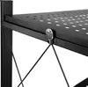 A close-up view of a black metal shelf unit, showing a hinge mechanism and perforated shelf surface. Voir les images du produit