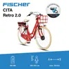 A red Fischer CITA Retro 2.0 e-bike is shown against a white background, with marketing text and icons at the top and bottom. Produktbild-Vorschau