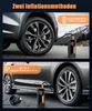Two methods of inflating a car tire are shown: battery-powered and DC 12V. Produktbild-Vorschau