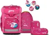 A collection of pink school supplies with star and unicorn motifs, including a backpack, a drawstring bag, and two pencil cases. Produktbild-Vorschau
