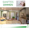 A kitchen scene with a hand adjusting a dimmer switch, and text indicating dimming. Produktbild-Vorschau