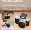 A collage of images showing a camera flash attached to different cameras, with descriptive text about its compatibility. Podgląd zdjęcia produktu
