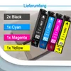 Four ink cartridges are shown diagonally with text labels indicating quantities and colors. Produktbild-Vorschau