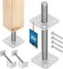A product image showing various types of metal post anchors with a wooden post on one of them, along with screws and a tag. Anteprima dell’immagine prodotto