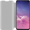 A silver flip case for a Samsung Galaxy S10e is shown open, revealing the phone screen. Náhled obrázku produktu