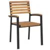 A single outdoor chair with a wooden seat and back, and black metal legs and armrests, is shown against a white background. Produktbild-Vorschau