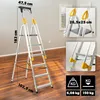 A stepladder is shown in a room with wooden floors and light-colored walls. There are inset images showing details of the ladder and its dimensions, as well as icons indicating weight. Náhled obrázku produktu