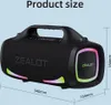 A black portable speaker with colorful LED lights, showing its dimensions. Produktbild-Vorschau