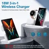 A 3-in-1 wireless charger with a phone, smartwatch, and earbuds on display. Produktbild-Vorschau