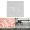 A collage showing a digital thermostat and two types of floor heating systems: electric and water. Produktbild-Vorschau