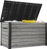 An outdoor storage box with its lid open, revealing some stored items. Produktbild-Vorschau