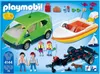 Playmobil family van with boat trailer and accessories, shown on a blue background with product branding and text. Podgląd zdjęcia produktu