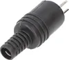 A close-up, isolated shot of a black speaker plug with silver metal prongs. Produktbild-Vorschau