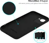 The inside of a black phone case is shown, with close-up insets highlighting the microfiber lining and the three-layer construction. Produktbild-Vorschau