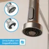 Close-up of a kitchen faucet head with two inset images showing different spray modes and a text overlay. Produktbild-Vorschau