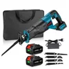 A cordless reciprocating saw kit with accessories, including batteries, charger, and saw blades, laid out on a white background. Produktbild-Vorschau