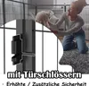 A woman is playing with a small white dog inside a metal pet playpen. A close-up of the playpen's latch mechanism is shown. Produktbild-Vorschau
