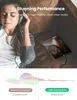 A woman is listening to music with headphones connected to a tablet, with a graphic illustrating audio conversion. Produktbild-Vorschau